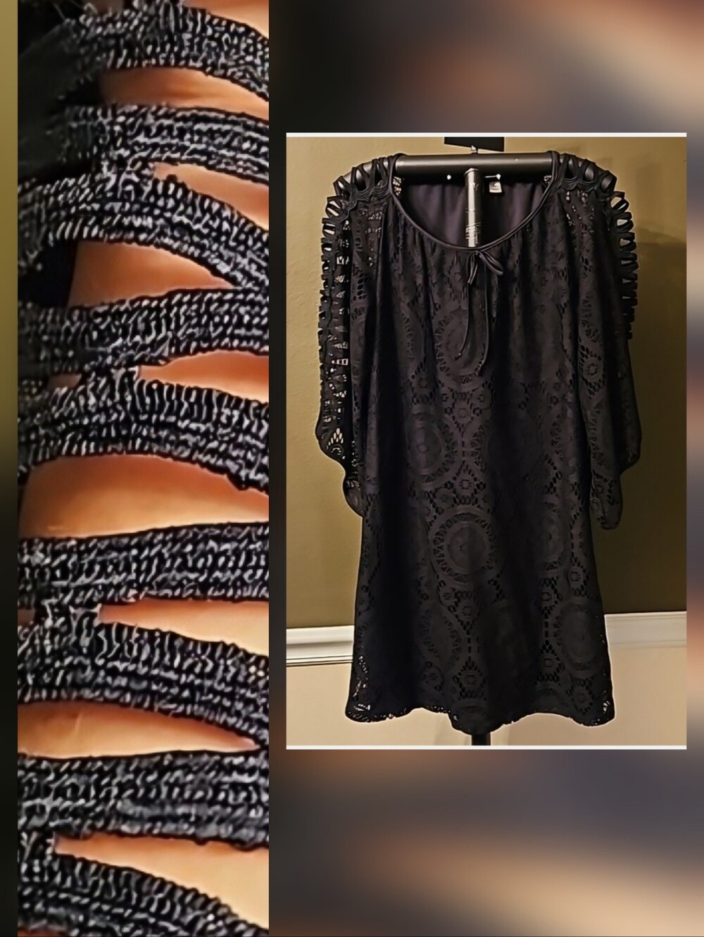 TACERA Black Lace Overlay Open Design Shoulder/Arm Sheeth Dress Sz M